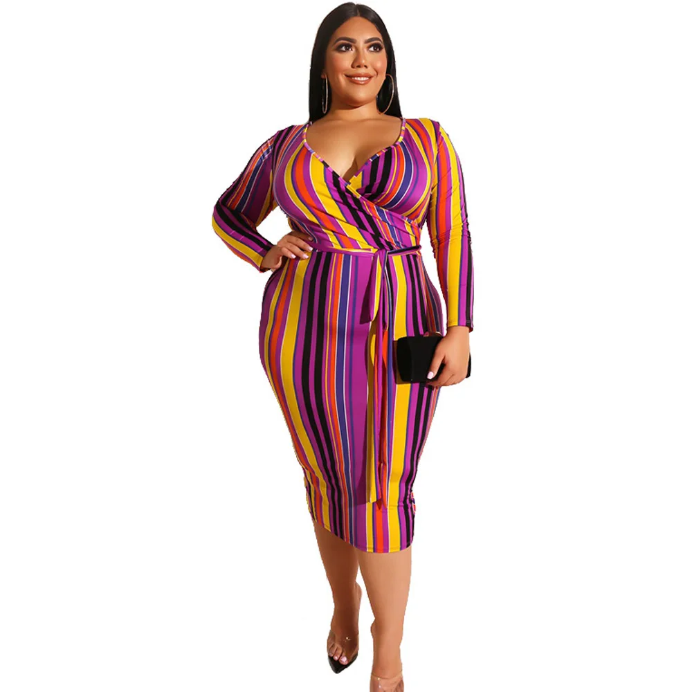 

Fashion Striped Sexy Deep V-Neck Slim Midi Dress 2019 Autumn Plus Size 4XL 5XL Long Sleeve Sheath Bocycon Lace Up Tunic Dress