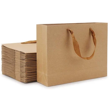 

25 Pieces Kraft Paper Shopping Bag Kraft Paper Gift Bag, Brown Kraft Paper Gift Bag with Widened Fabric Handle Horizontal sectio