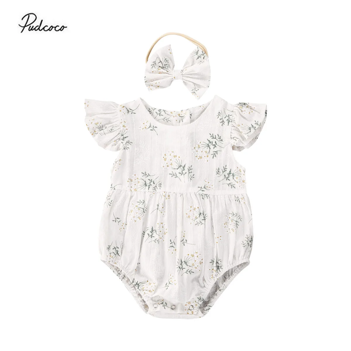 2PCS Toddler Kids Baby Girl Clothes Floral Jumpsuit Summer Sleeveless Bodysuit Sunsuit Outfits Headband 1