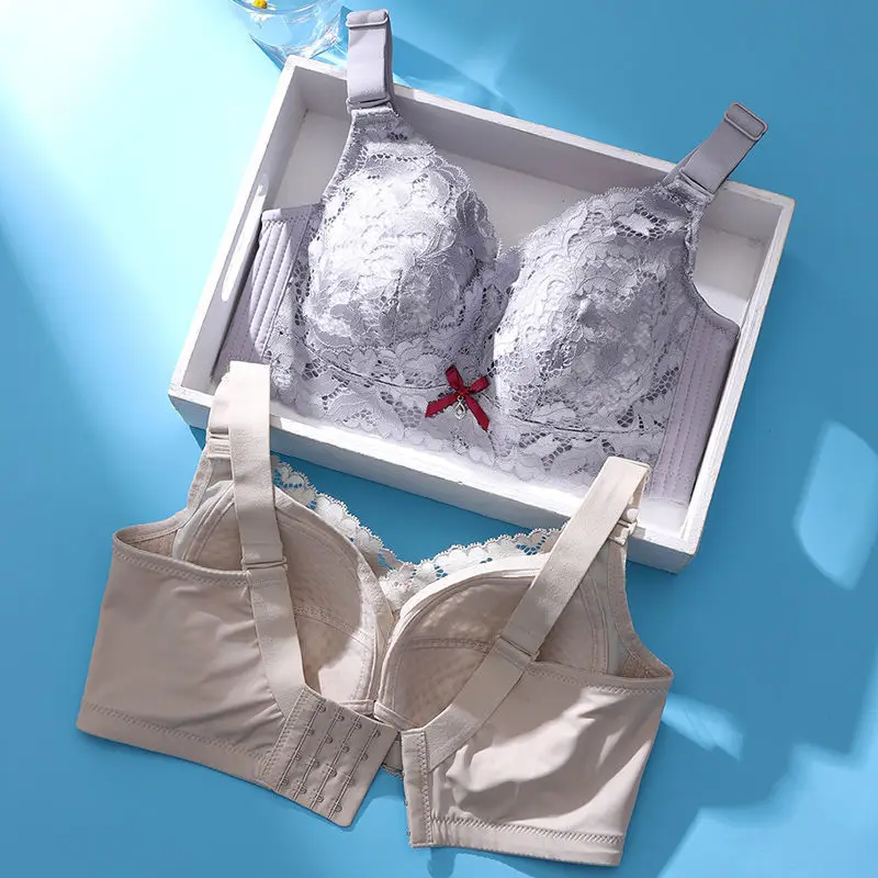 Non-sponge underwear women's ultra-thin big breasts show small sexy lace without steel ring large size upper support gather bra