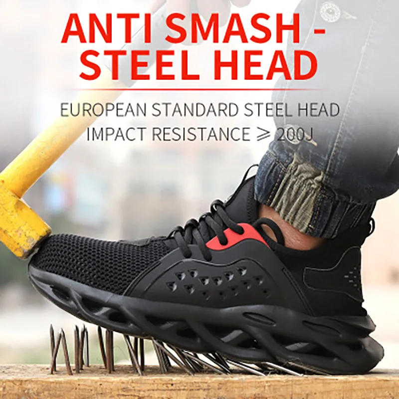 Zapatillas de seguridad para hombre, zapatos transpirables e indestructibles, ligeros, antiperforación, con punta de acero, suela elástica, para trabajo