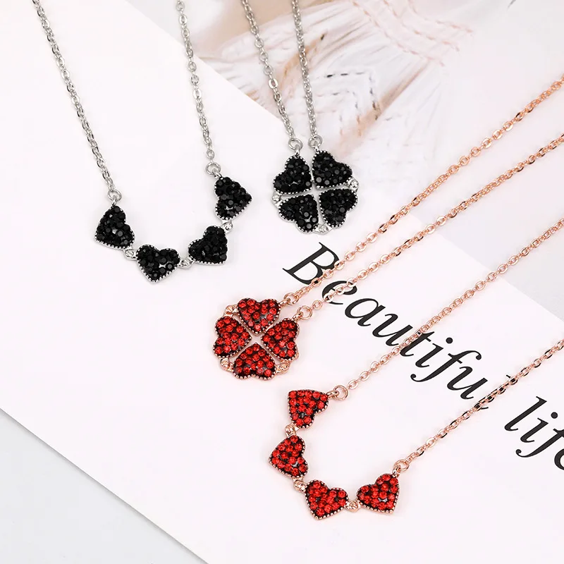 

Korean Pop Love Piece Folding Pendant Rose Gold Clavicle Chain Full Red Necklace For Women Gifts For The New Year