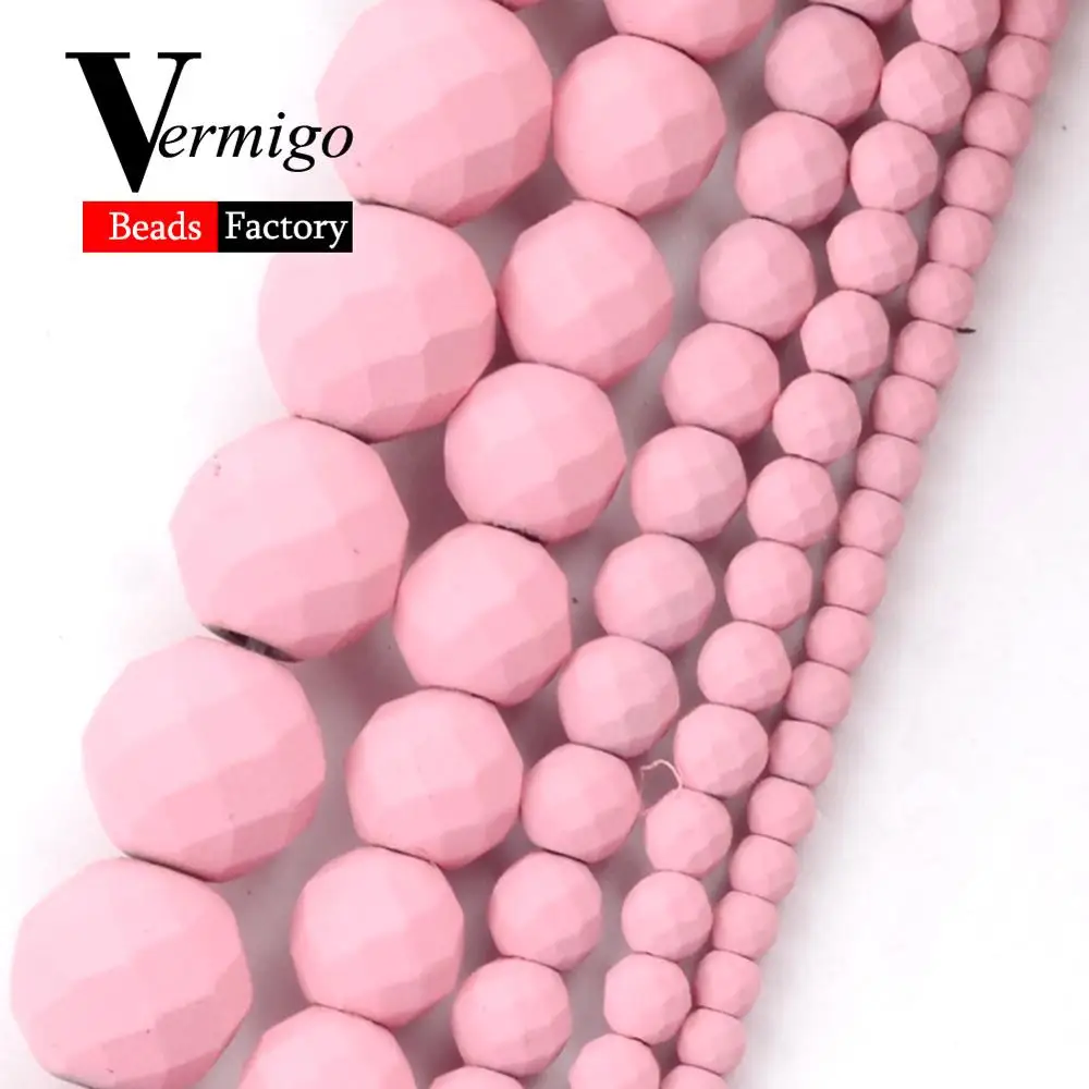 Cuentas de piedra de hematita facetada de caucho Nanotech Rosa Natural para la fabricación de joyas, cuentas sueltas de 2 3 4 6 8 10mm, collar de pulsera artesanal de 15"