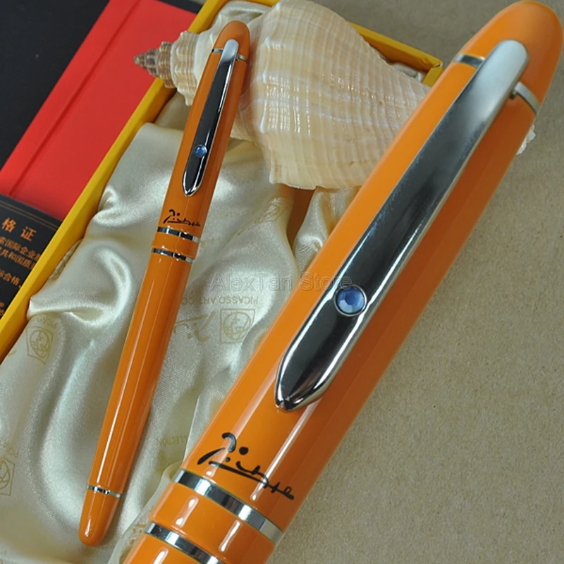 

Picasso 608 Metal Fashion Fountain Pen Medium Nib Gloss Orange And Silver With Original Box For Graduate Gift Pens