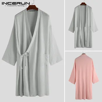 

Cotton Robes Men 3/4 Sleeve V Neck Kimono Breathable Solid Couple Pajamas Leisure Japanese Sleepwear Men Bathrobes S-5XL INCERUN