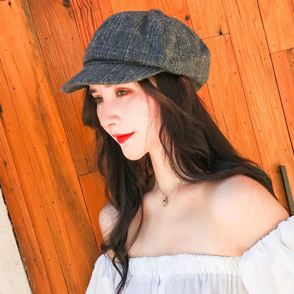 

women hats for winter and autumn berets octagonal cap woolen with visor grid pattern Retro female high quality