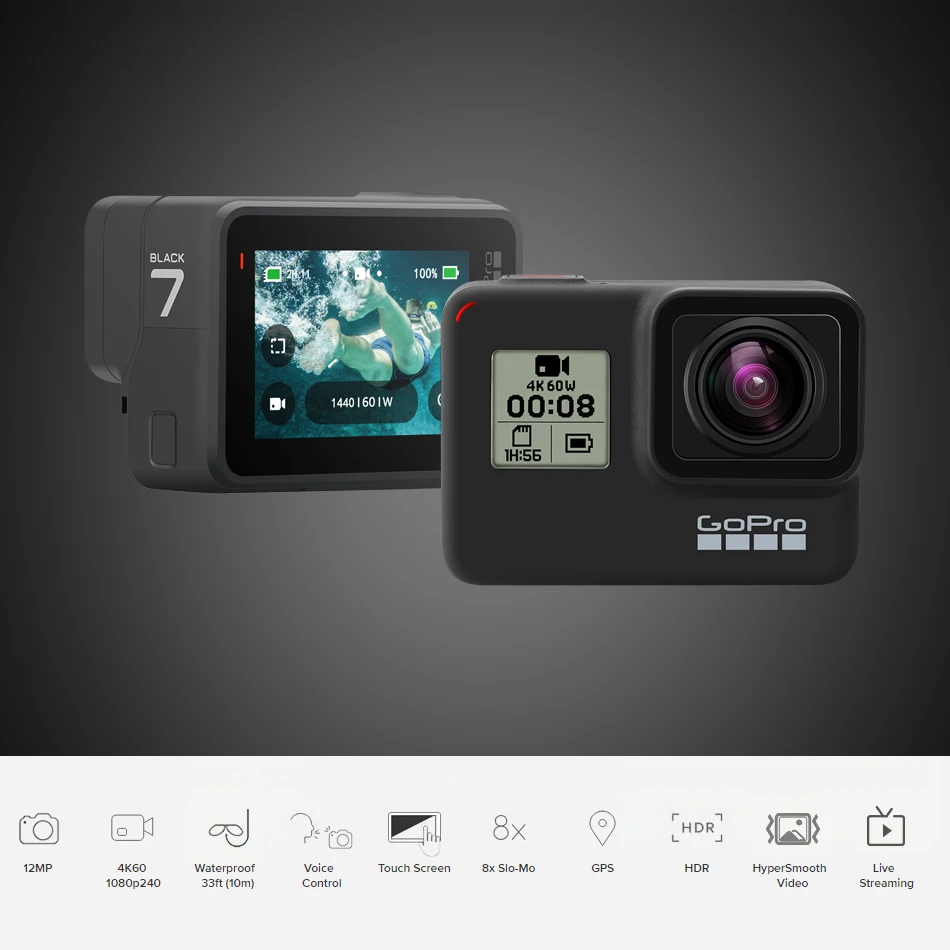 GoPro HERO7 Black Waterproof Action Camera with Touch Screen Sports Cam Go Pro HERO 7 12MP Photos Live Streaming Stabilization