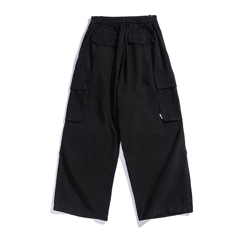 Multi-Pocket Cargo Pants Mens Safari Style Solid Color Pleated Loose Straight-leg Pants Elastic Waist Casual Trousers Men