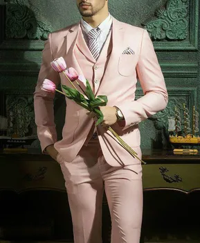 

Men's Slim Fit Suit Romantic Pink Groom Blazer 3 Piece Jacket Vest Pants Sets Handsome Wedding Tuxedo For Men Costume Stage 2020