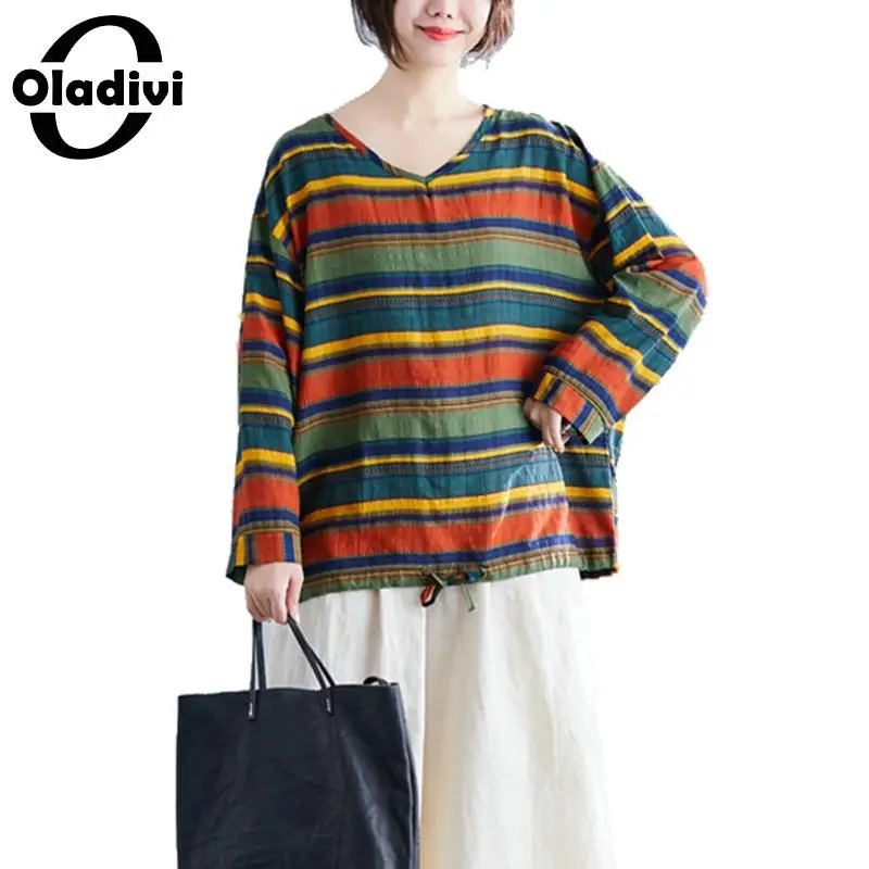 

Oladivi Plus Size Women Fashion Striped Printed Blouses Spring Autumn Casual Loose Cotton Linen Shirts Female Top Blusas 6XL