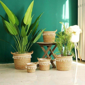 

Morden Nordic Handmade Straw Laundry Picnic Toy Storage Basket Tassel Macrame Woven Flower Pot Plant Container Home Decoration