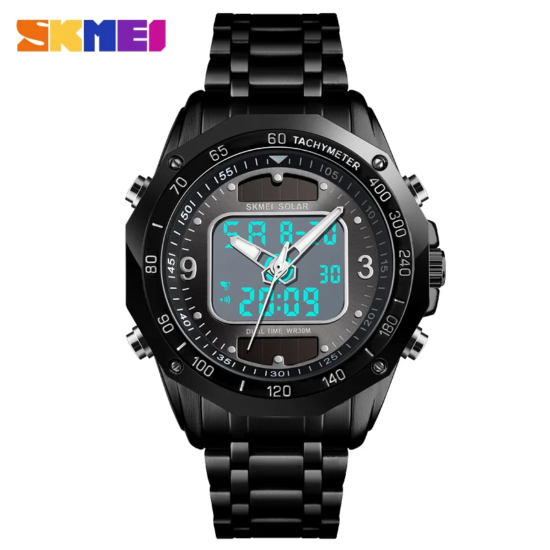 SKMEI часы солнечные военные спортивные часы мужские Цифровые кварцевые часы полностью стальные водонепроницаемые наручные часы reloje hombre - Цвет: Black Black