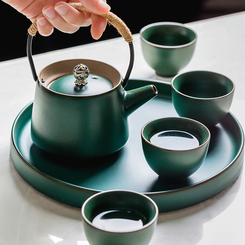 

KINGLANG Creative set of water cup tea set teacup with tray retro small hand teapot gift packing thick pottery teapot
