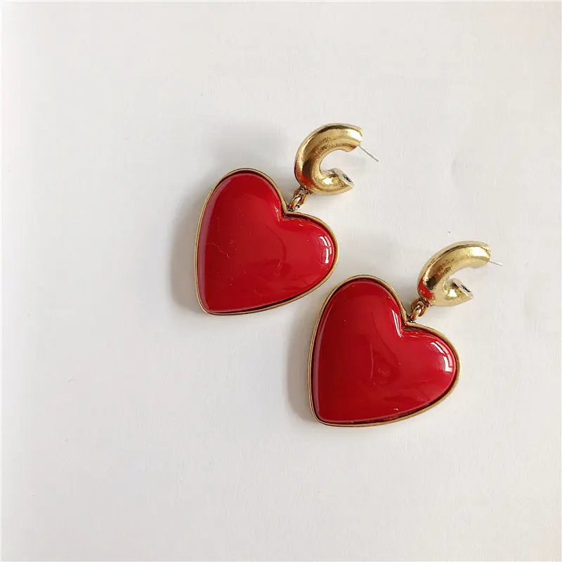 AOMU Vintage Lovely Exaggeration Red Heart Pendant Earring S925 Sterling Silver Pin Drop Dangle Earring For Women Jewelry Set