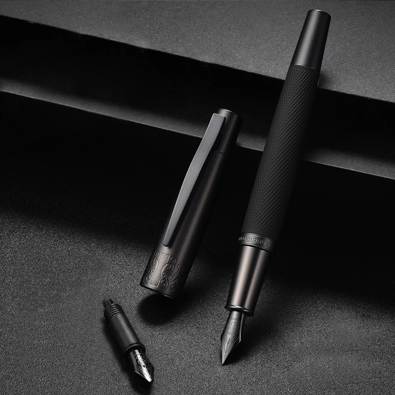 Billige Brunnen Stift tinte Voll Metall Clip Stifte HongDian Edelstahl Schwarz Armee Allgemeine Brunnen Stift Nib 0,4mm 0,5mm Büro Liefert