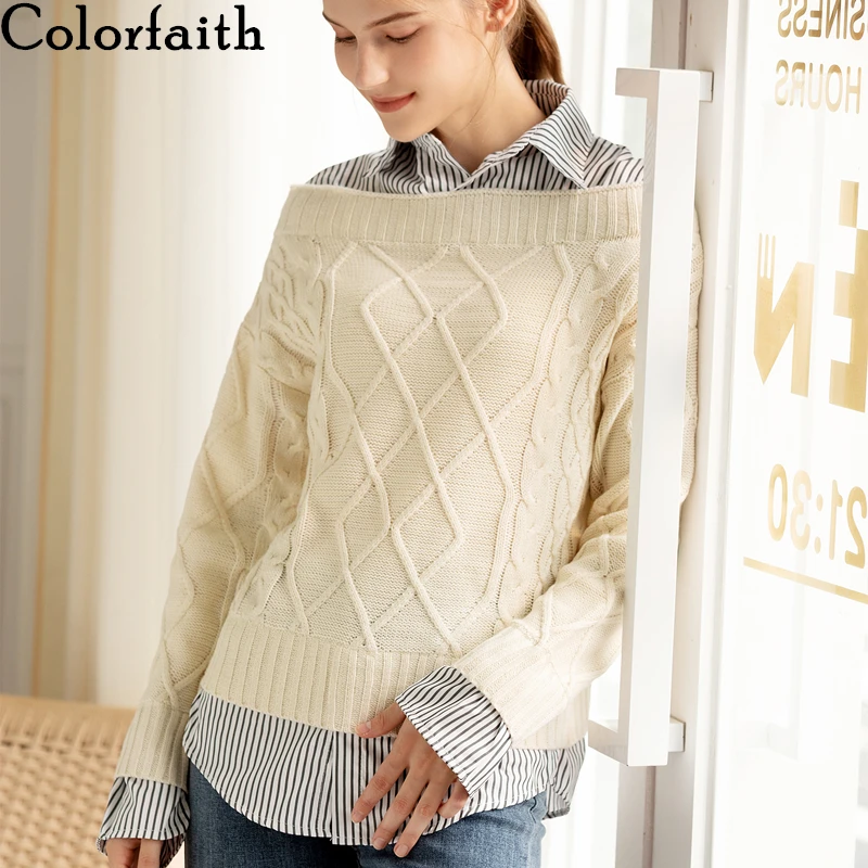 

Colorfaith New 2019 Autumn Winter Women Pullovers Sweater V-Neck Knitting Patchwork Elegant Office Lady Blouse Tops SW8550
