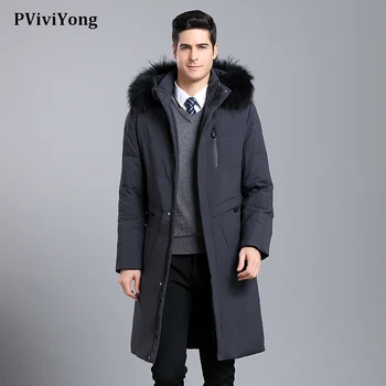 

PViviYong 2019 new high quality long white duck down jacket men, hooded Collars removable coat men parkas 19-1