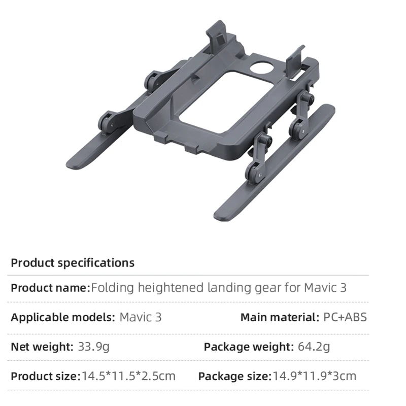Landing Gear for DJI Mavic 3/3 Classic Drone, Specifications Product name: Folding heightened landing gear for Mavic 3 Applicable models