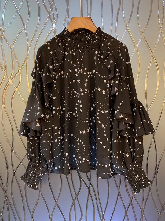 

2019 Early Autumn New Female Round-collar Pentagon Printed Pattern Decoration Auricular Edge Long Sleeve Top 805