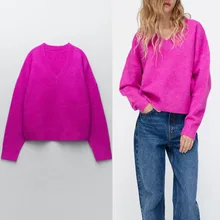 ZA 2021 Winter Soft Knit Sweater Woman Long Sleeve V Neck Ribbed Sweaters Fuchsia Knitted Tops Female Vintage Fitted Pullover