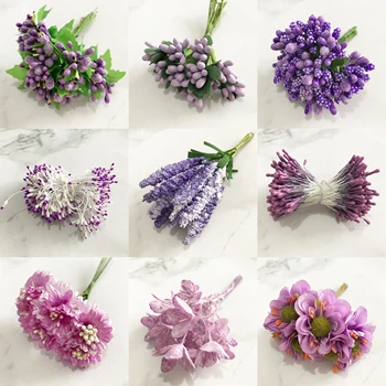 

6/8/10/12/50/70/90pcs Mix Purple Flower Cherry Stamen Berries Bundle DIY Christmas Wedding Cake Gift Box Wreaths Decor