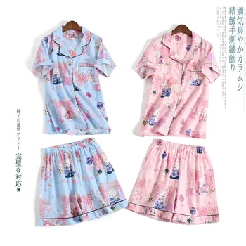 

Pajamas Set 2pcs Simple Shor Shirt+pants Cotton Short Sleeve Sleepwear Japanese Lovers Women Turn-down Collar Female Homewear