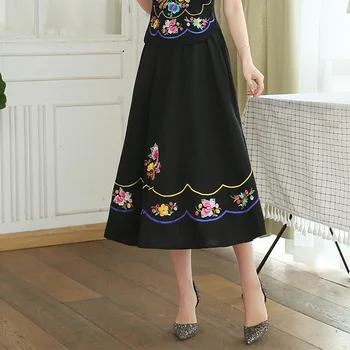 

KYQIAO women clothes long skirts for women autumn Mexico style long ethnic black embroidery midi skirt plus size women