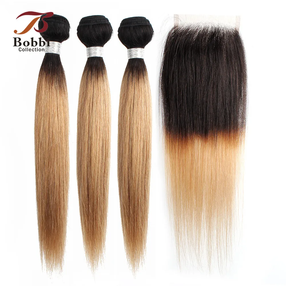 

BOBBI COLLECTION Pre-Colored Brazilian Hair 2/3 Bundles With Closure 1B 27 Honey Blonde Ombre Non-Remy Straight Human Hair Weave