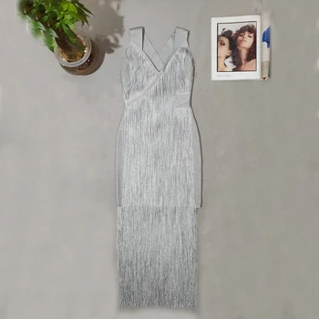 

LEGER BABE Autumn Tassel Women Party Dress Sexy Strappy V-Neck Backless Bodycon Bandage Vestidos Slim Midi Dresses Pink Silver