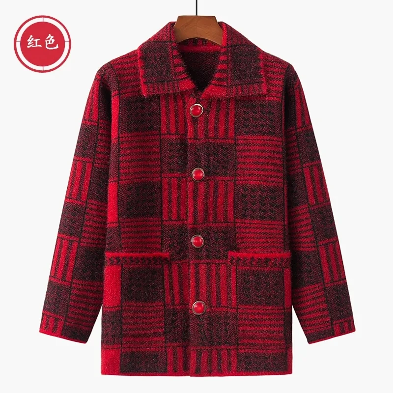 

2024 Women New Autumn Winter Middle-Aged Female Lattice Thicken Cardigan Sweater Coat Single-Breasted Lapel Loose Ladies Sweater