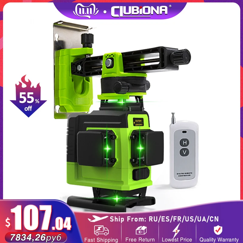 CLUBIONA IE16R Powerful Green 16 Lines 4D Laser Level Remote Control German Module Floor and Ceiling Mounted With Li-ion battery