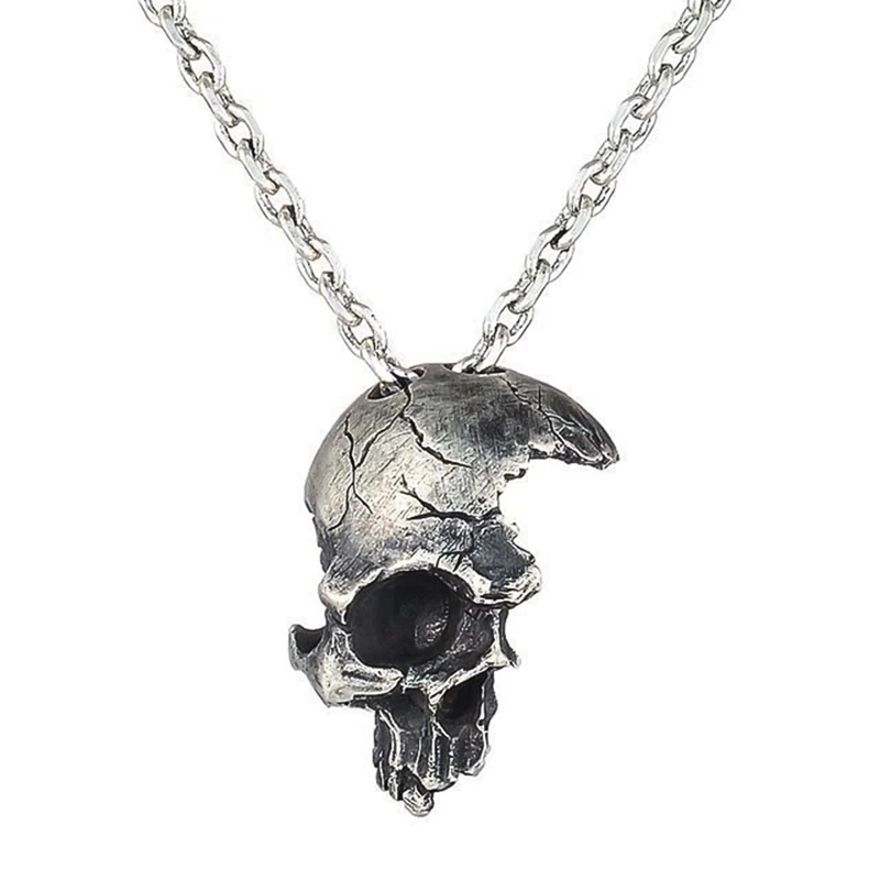 

New Broken Damaged Half Face Skull Pendant Necklace Fashion Biker Rock Punk Jewelry Antique For Men Chain Length 60cm