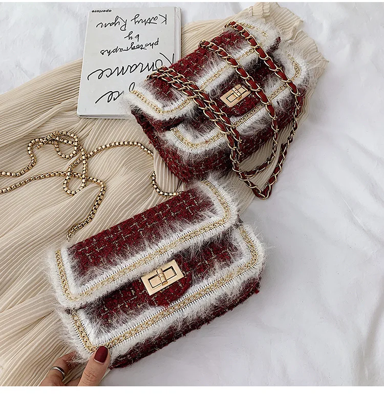 2019 Winter Top Brand Luxury Design Handbag Purse for Women Classic Tweed Flap Shoulder Bag Ladies Wool Plaid Mini Crossbody Bag (12)