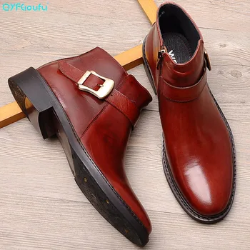 

QYFCIOUFU 2019 Fashion Genuine Leather Men Dress Boots Buckle Men's Ankle Boots Cow Leather Men Casual Boots With Zipper Shoes