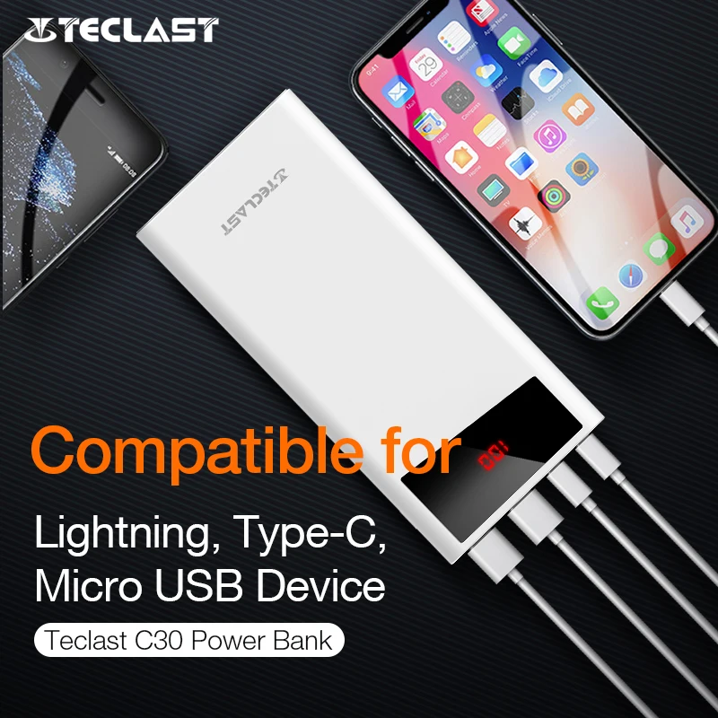Новый внешний аккумулятор повербанк Teclast C30 30000mAh двойное внешнее зарядное usb