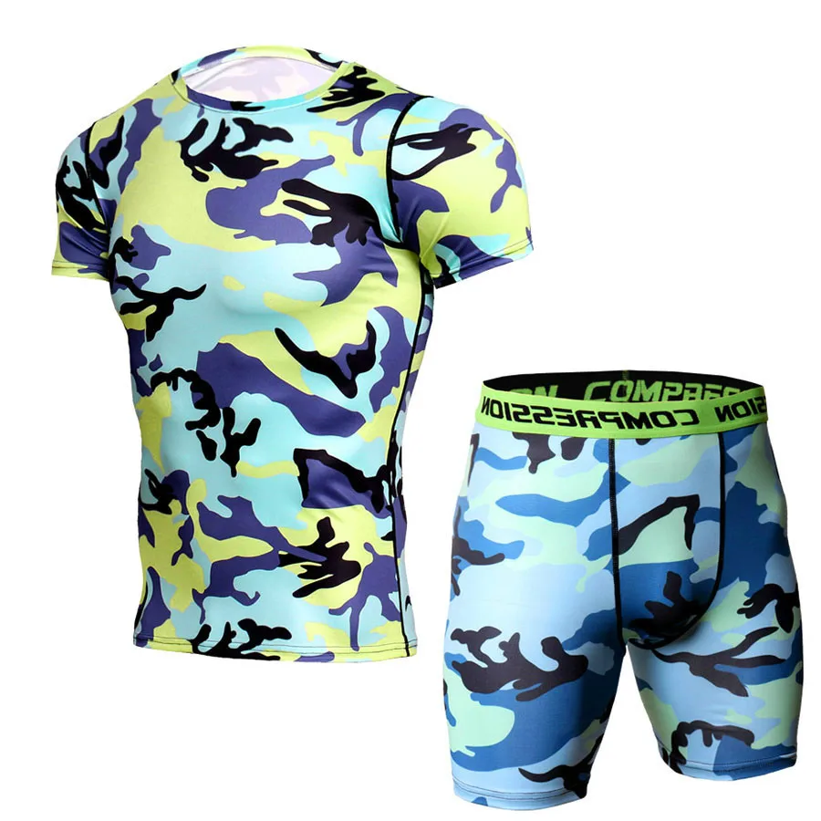 

Camouflage Bermuda Compression Running Set Men Short Sleeve T Shirt + Shorts Quick Dry Bodybuilding Tracksuit Gym MMA Tights Tee