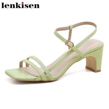 

Lenkisen european style cow leather plus size square toe stone pattern buckle straps narrow band high square heels sandals L00