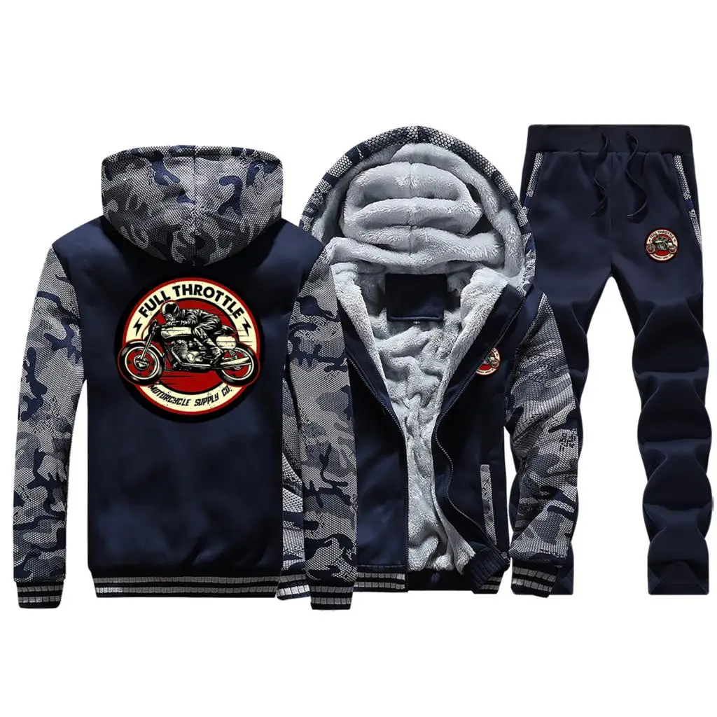 Dark Blue Зимний полный дроссель кафе гонщик Байкерский стиль с мотивами рокабилли Толстовка Мужская Уличная камуфляжная куртка толстый костюм+ брюки комплект из 2 предметов брюки - Цвет: Dark Blue