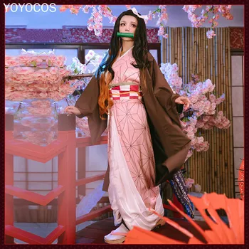 

YOYOCOS Anime Demon Slayer Kamado Nezuko Cosplay Costume Kimetsu no Yaiba Women Pink Kimono Halloween Costumes For Women And Man
