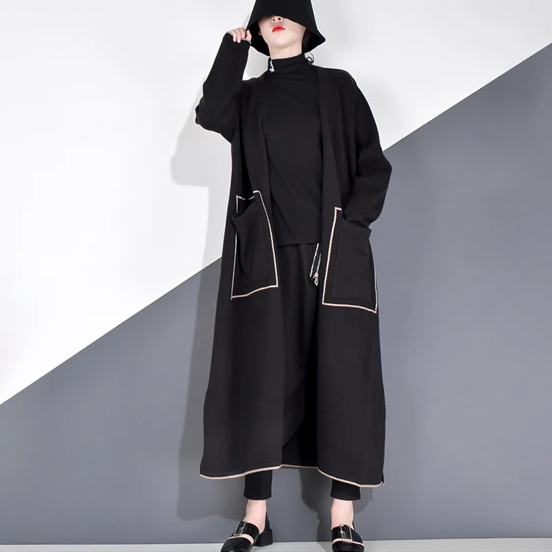 XITAO Pacthwork Striped Knitted Trench Streetwear
