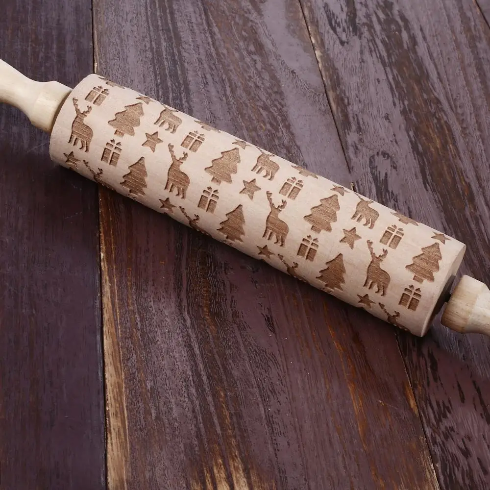 Creative Baking Christmas DIY Kitchen Tool Cookies Embossing Rolling Pin Wooden Wood Embossed Stick Roller Party
