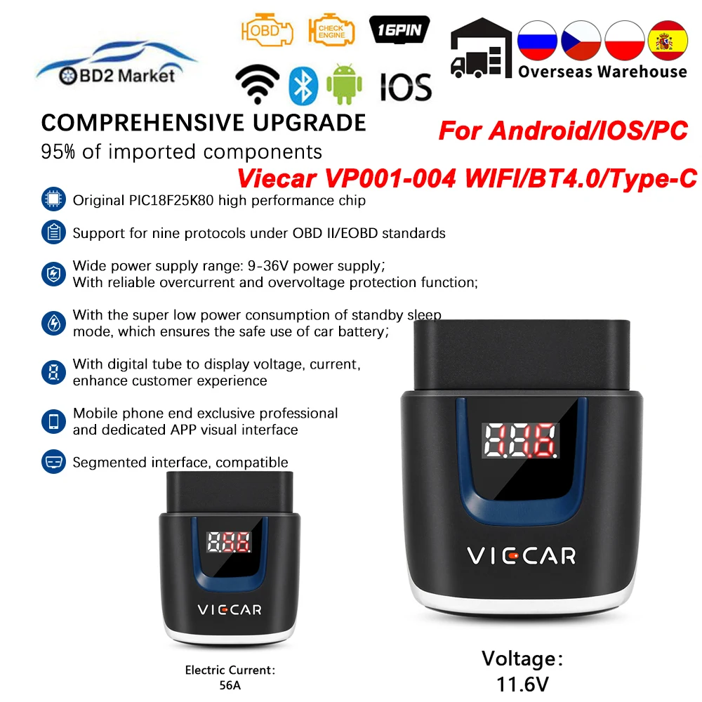 Автомобильный диагностический сканер Viecar ELM327 V2.2 VP003 VP004 PIC18F25K80 OBD2 Bluetooth 4 0 Wi Fi OBD