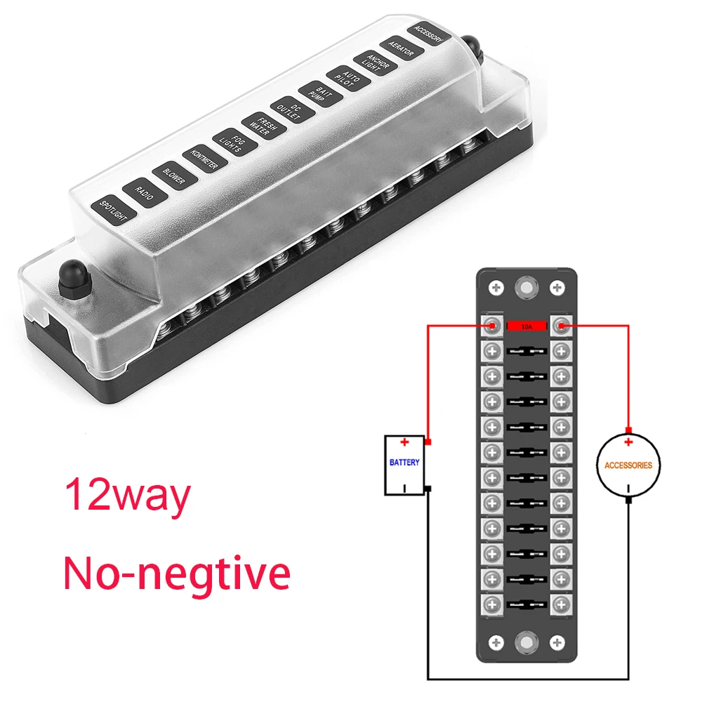 Jtron 6 way/12 way автомобильный предохранитель для ATO/ATC 1-20A предохранитель DC 32 В M5 винтовой Тип соединитель держатель предохранителя с предохранителем - Цвет: 12way NO-negtive