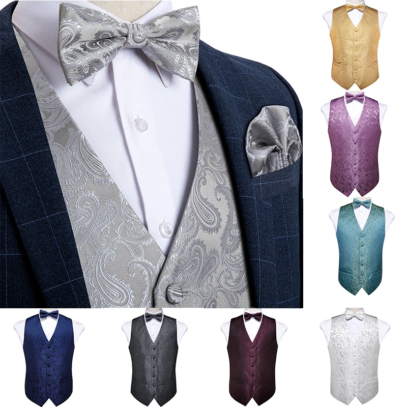 Men's Vest Gold Red White Blue Solid Paisley Silk Wedding Vest For Men Bowtie Hanky Cufflink Cravat Set for Suit Tuxedo DiBanGu