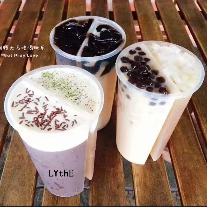 10Pcs/lot Disposable Plastic Cups Creative Bubble Tea Drinking Cup with Lids 700ml Double Grid Thicken Smoothie Cup for Dinks