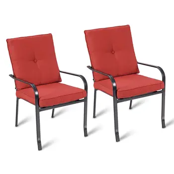 

Costway Set of 2 Patio Garden Chairs Steel Frame Outdoor Furniture Dining w/ Red Cushion