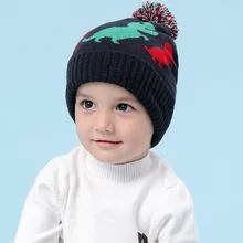 Зимняя вязаная шапка для мальчиков; детская теплая акриловая шапка с помпоном в виде динозавра; повседневная одежда для катания на лыжах; аксессуары для холодной погоды