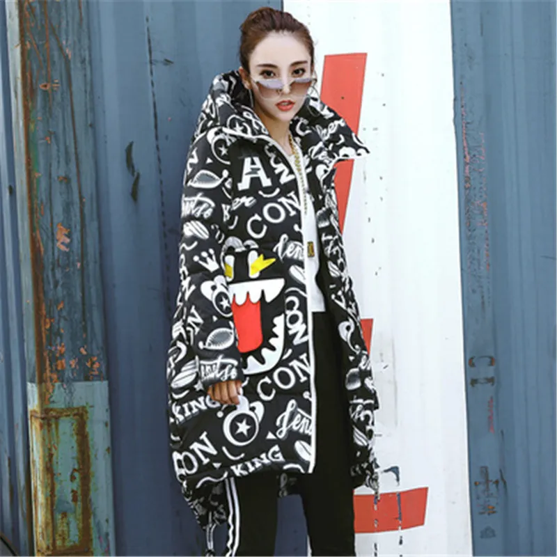 Персональный мультфильм граффити хлопок женские длинные с капюшоном Девушки вниз хлопок пальто зимние свободные большие хлопковые куртки