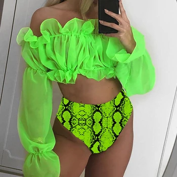 

New Sexy Neon Green Bikini Sets Mesh Long Sleeve Swimsuits Female High Waist Bikini 2019 Snake Print swimwear Bathing Suit Somen
