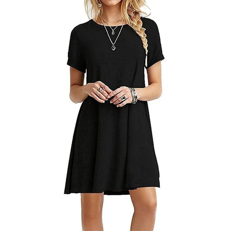 Solid Color Dress Short Sleeved Casual Comfortable T-Shirt Dress Ladies Fashion Loose Beach Dress 3